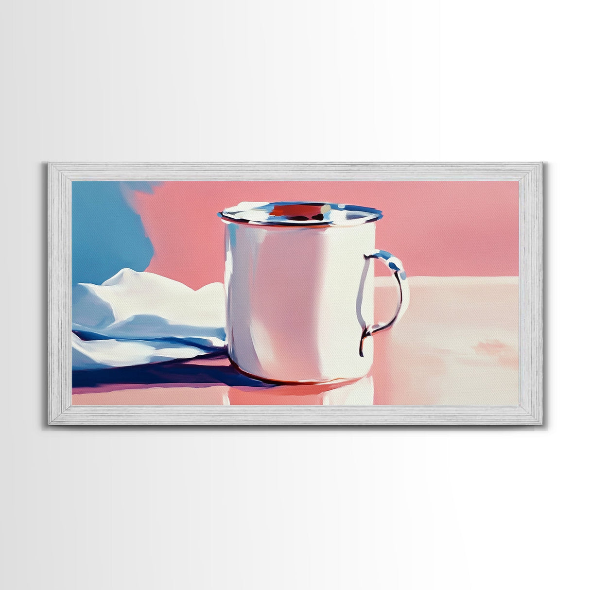 Enamel Mug, Rustic Kitchen, Framed Canvas Print, Minimalist Still Life, Vintage Aesthetic, Cozy Wall Art, Soft Pastel Painting