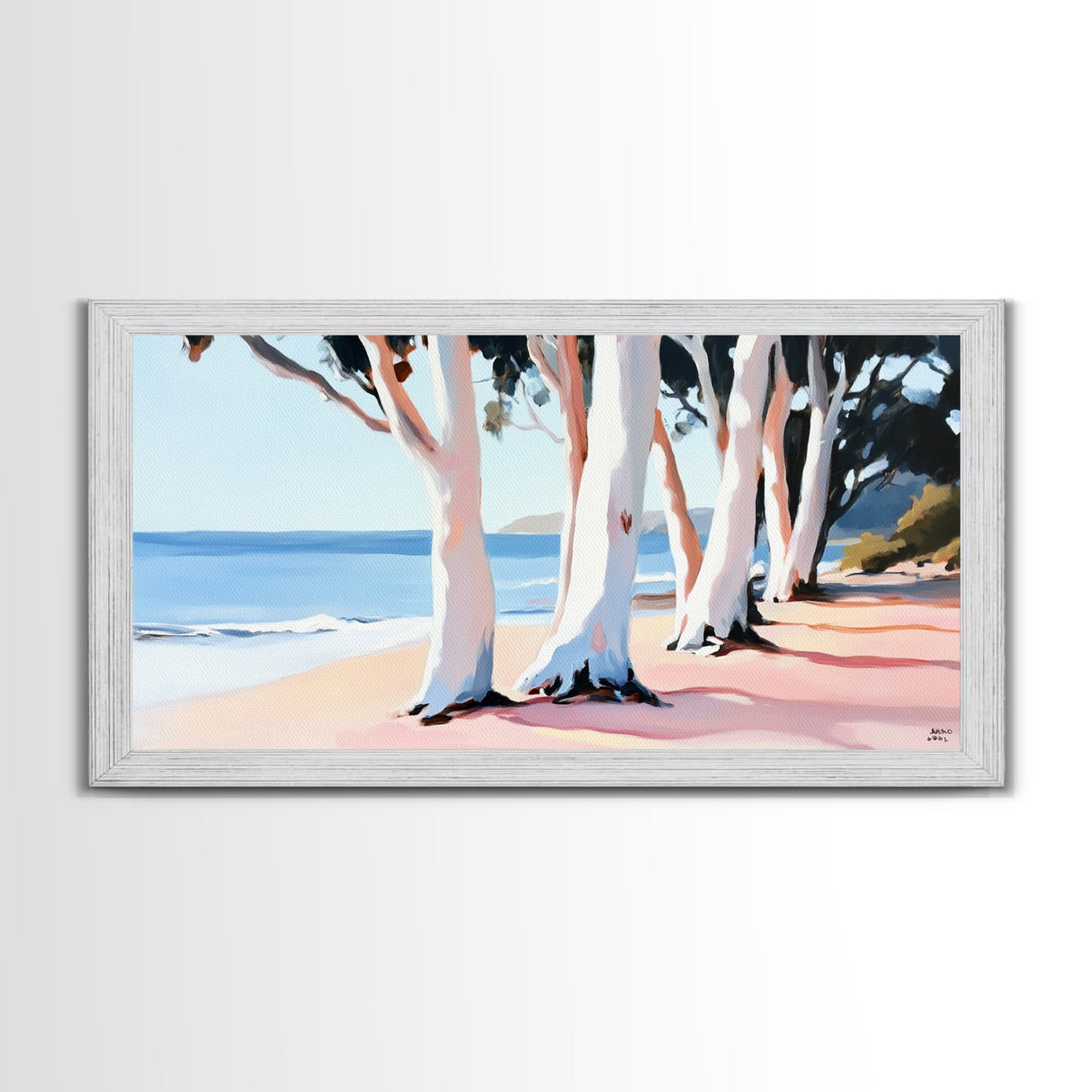 Eucalyptus Grove, Coastal Path, Sunlit Trees, Relaxing Beach Scene, Natural Beauty, Soft Pastel Tones, Modern Home, Canvas Print