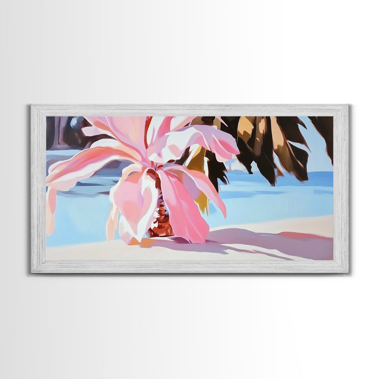 Pink Tropical Plant, Boho Botanical, Exotic Leaves, Pastel Colors, Soft Summer Vibes, Relaxing Nature, Living Room Art, Framed Canvas Print