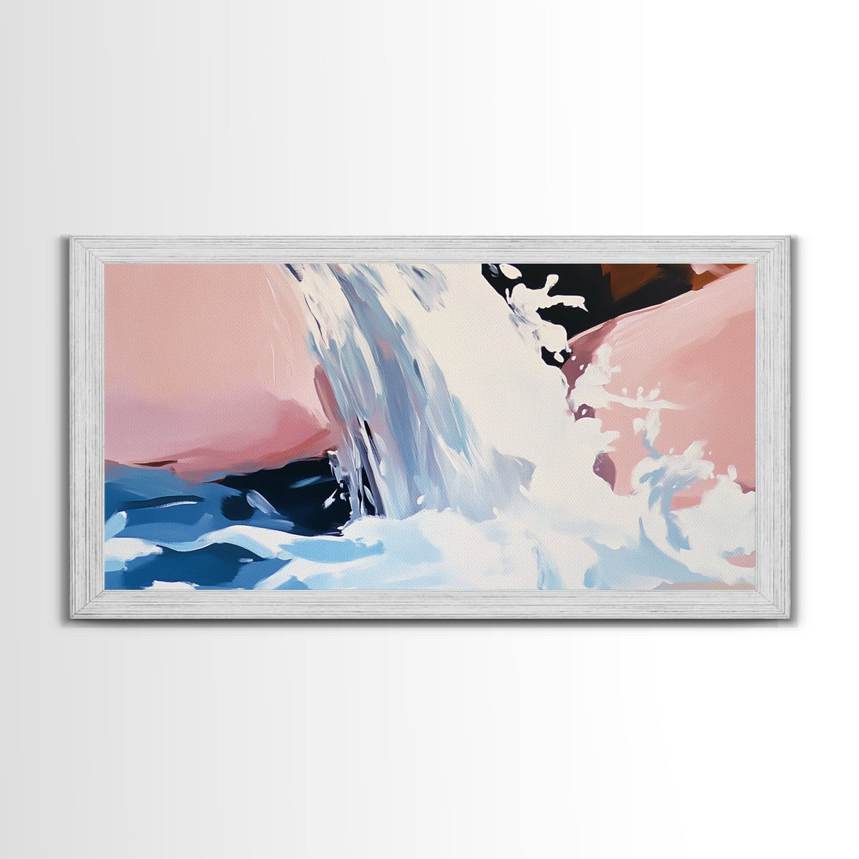 Waterfall, Abstract, Modern, Framed Canvas Print, Nature Wall Art, Minimalist Art, Bedroom Decor, Coastal Art, Blue and White Painting