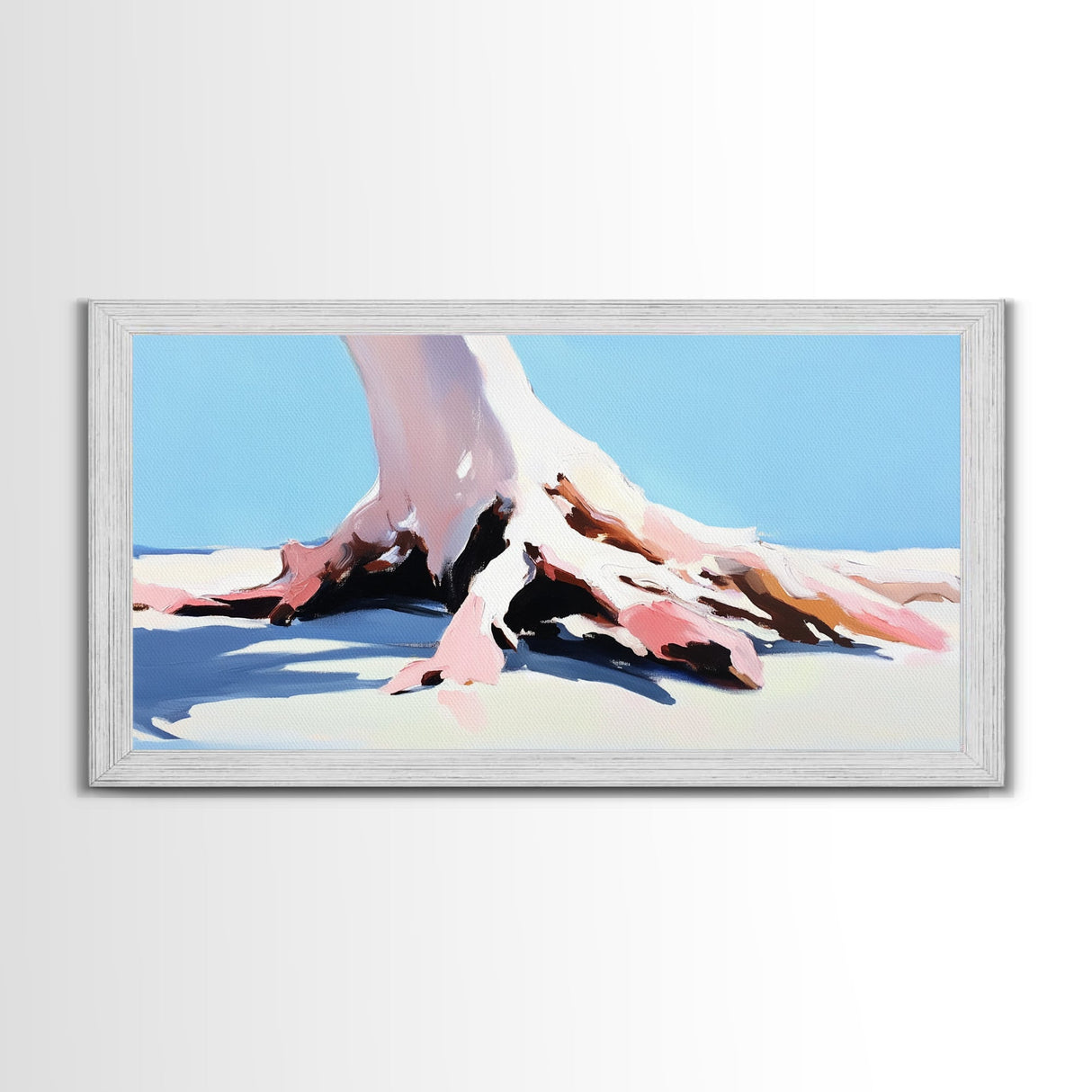 Tree, Root, Beach, Framed Canvas Print, Coastal Wall Art, Nature Inspired, Minimalist Art, Tranquil Home Decor, Pastel Painting