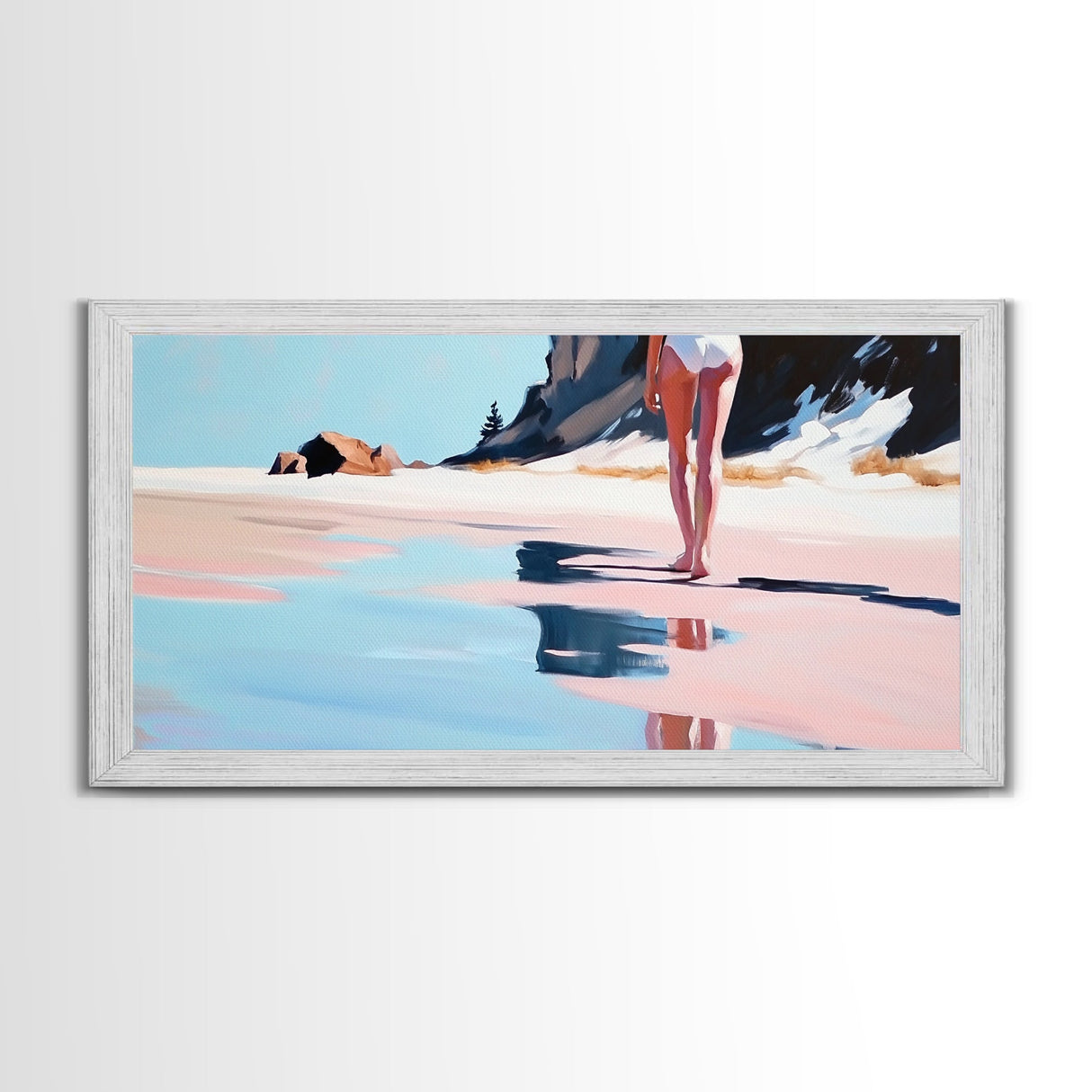 Woman, Reflection, Shoreline, Framed Canvas Print, Feminine Art, Modern Minimalist, Relaxing Home Decor, Pastel Coastal Painting