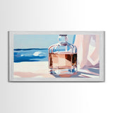 Glass Bottle, Ocean View, Beach House Decor, Coastal Aesthetic, Elegant Still Life, Framed Canvas Print, Pastel Home Decor, Tranquil Art