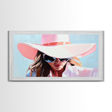 Woman Stylish Hat, Fashion Illustration, Chic Wall Art, Modern Glamour Decor, Framed Canvas Print, Elegant Portrait, Pastel Aesthetic