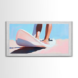 Surfing Vibes, Coastal Sport Art, Minimalist Ocean Painting, Pastel Beach Decor, Framed Canvas Print, Adventure Inspired, Living Room Art