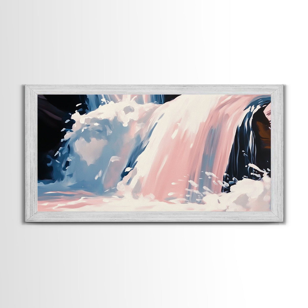Waterfall Scene, Nature Wall Art, Serene Landscape Art, Modern Minimalist Print, Blue and Pink Tones, Framed Canvas Print, Living Room Art