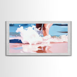 Ocean Waves, Coastal Beach Art, Water Splash Photography, Summer Boho Print, Blue and Pink Pastel Tones, Framed Canvas Print, Bathroom Art