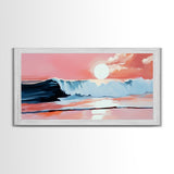 Pink Sunset, Ocean Waves, Coastal Art, Beach Decor, Framed Canvas Print, Modern Wall Art, Nautical Art, Living Room Wall Art
