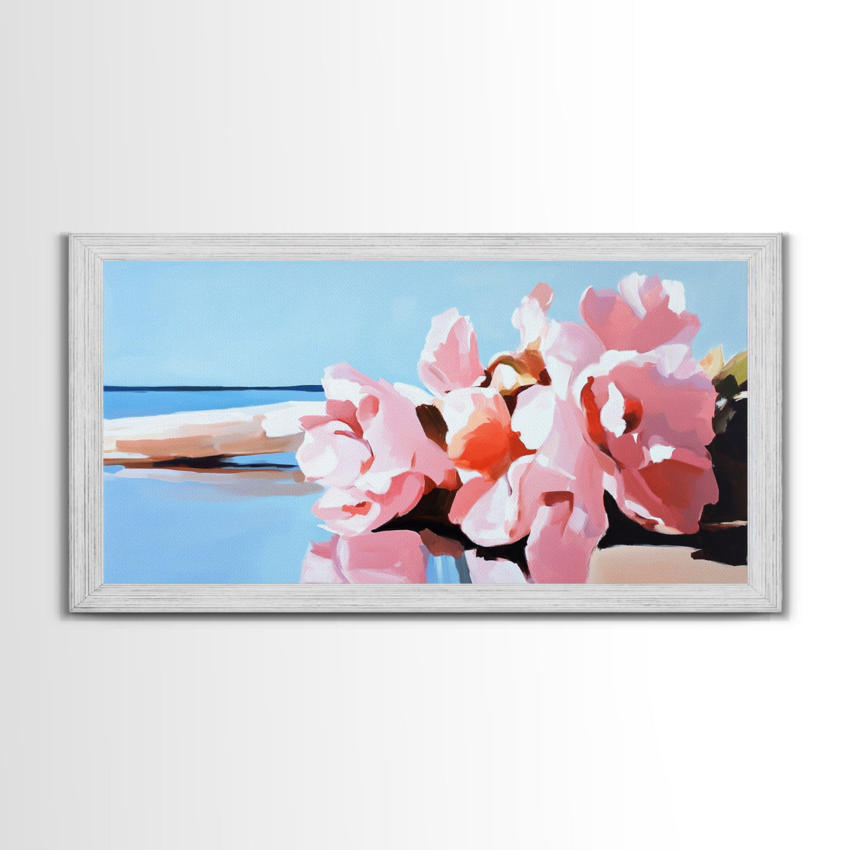 Beach Flowers, Coastal Art, Pink Peonies, Seaside Decor, Framed Canvas Print, Living Room Wall Art, Romantic Art, Boho Aesthetic