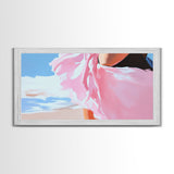 Flowing Dress, Beach Wind, Feminine Elegance, Fashion Wall Art, Framed Canvas Print, Ocean Breeze, Modern Home Decor, Soft Pink Aesthetic
