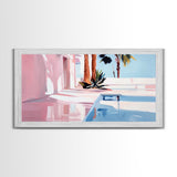 Pink Villa, Poolside View, Tropical Retreat, Canvas Print, Mediterranean Art, Vacation Home Decor, Palm Tree Wall Art, Resort Aesthetic