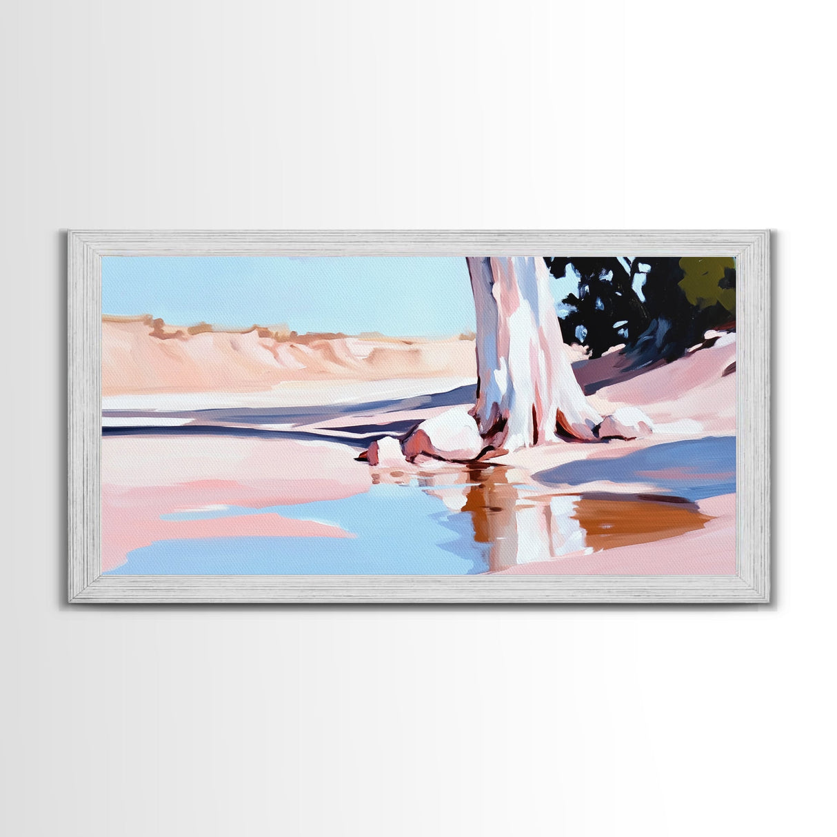 Desert Oasis, Lone Tree, Tranquil Reflection, Canvas Print, Southwestern Art, Earthy Color Palette, Minimalist Nature, Living Room Wall Art