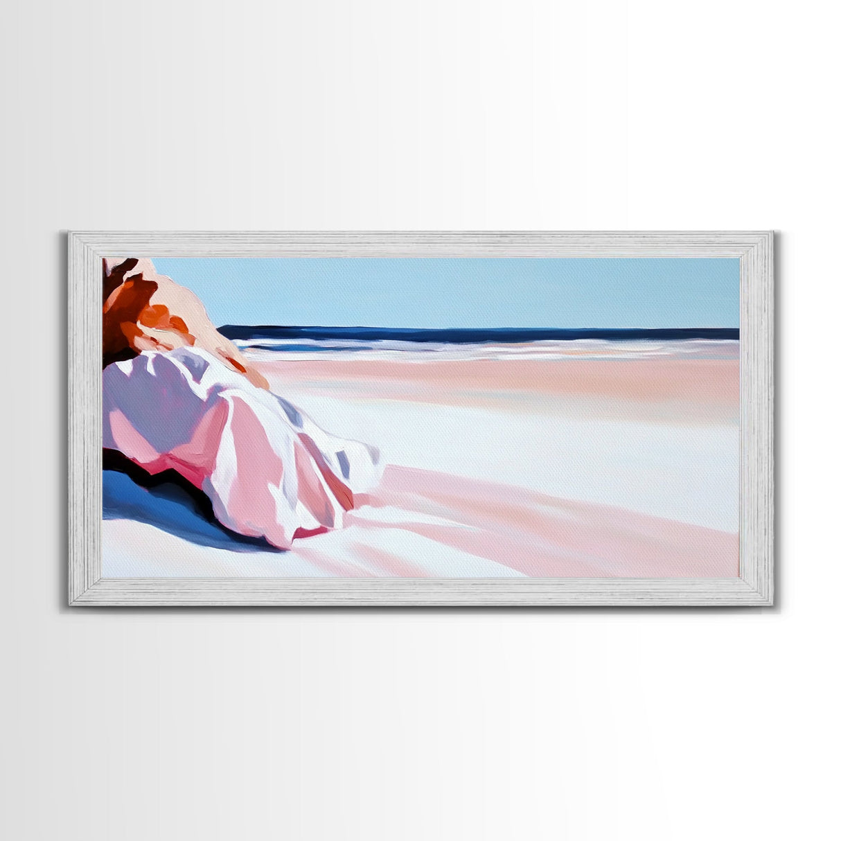 Woman in Pink, Beachside Relaxation, Canvas Print, Summer Aesthetic, Feminine Wall Art, Minimalist Seascape, Pastel Color Palette