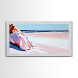 Woman in Pink, Beachside Relaxation, Canvas Print, Summer Aesthetic, Feminine Wall Art, Minimalist Seascape, Pastel Color Palette