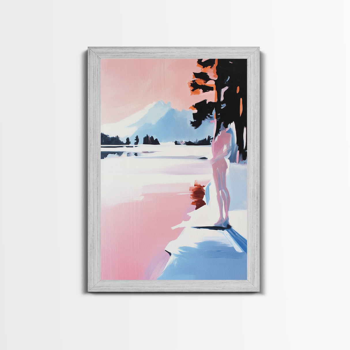 Sunset Lake, Mountain Reflection, Dreamy Landscape, Pastel Art, Framed Canvas Print, Living Room Wall Art, Romantic Nature Scene