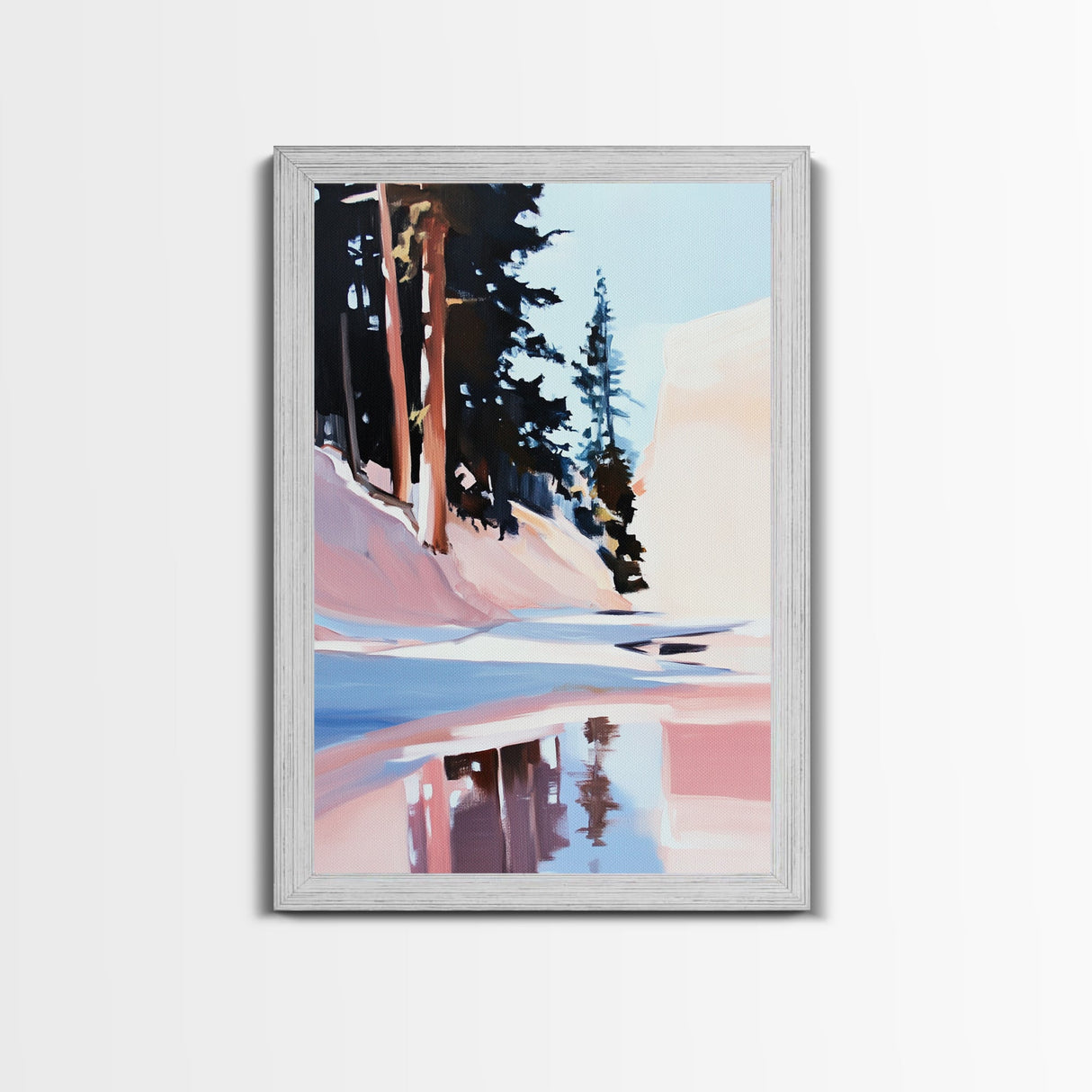 Snowy Pines, Winter Wonderland, Forest Reflection, Canvas Print, Cozy Cabin Decor, Christmas Wall Art, Minimalist Landscape Painting