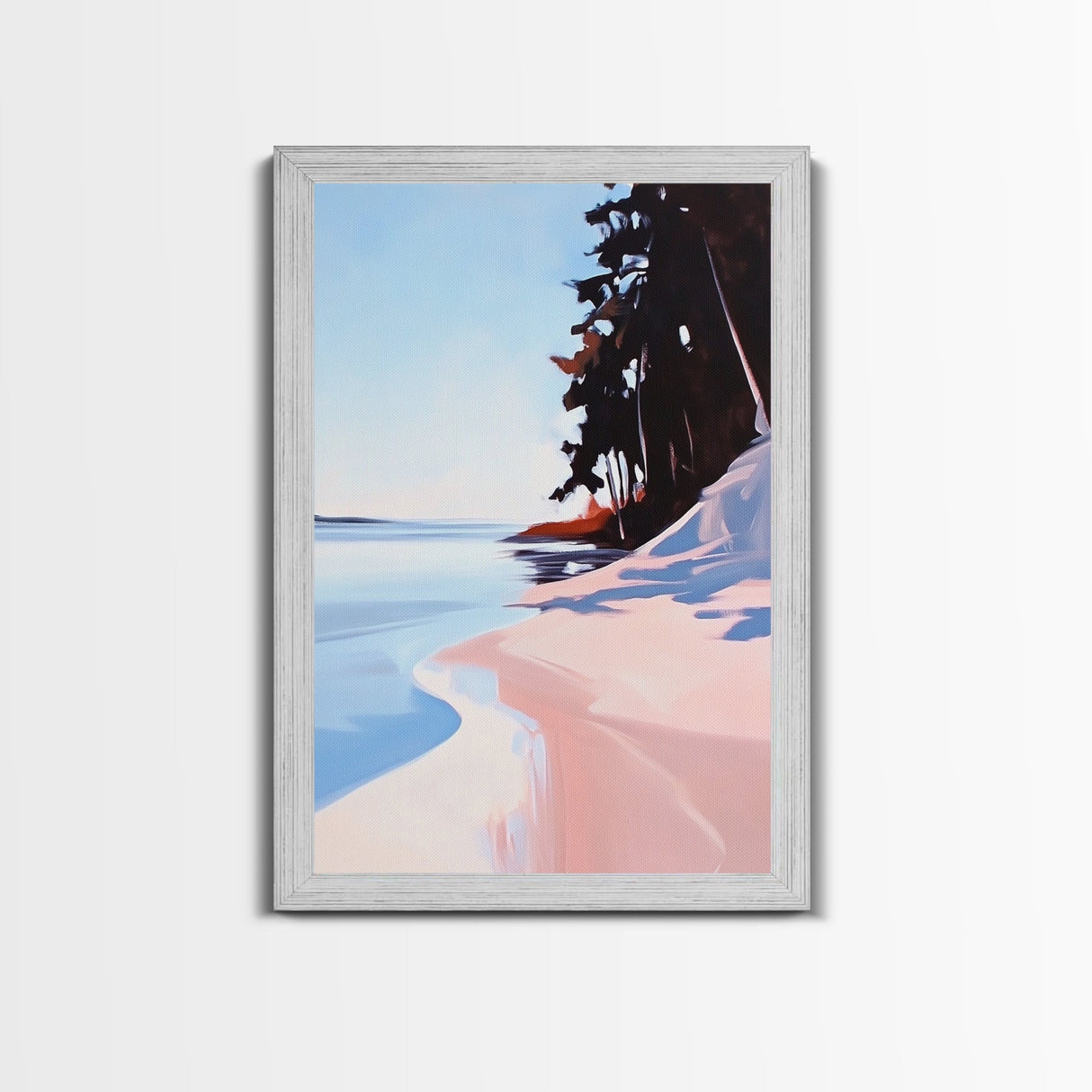 Secluded Beach, Coastal Pines, Ocean Sunset Art, Nature Wall Decor, Framed Canvas Print, Minimalist Seascape, Living Room Art, Boho Print