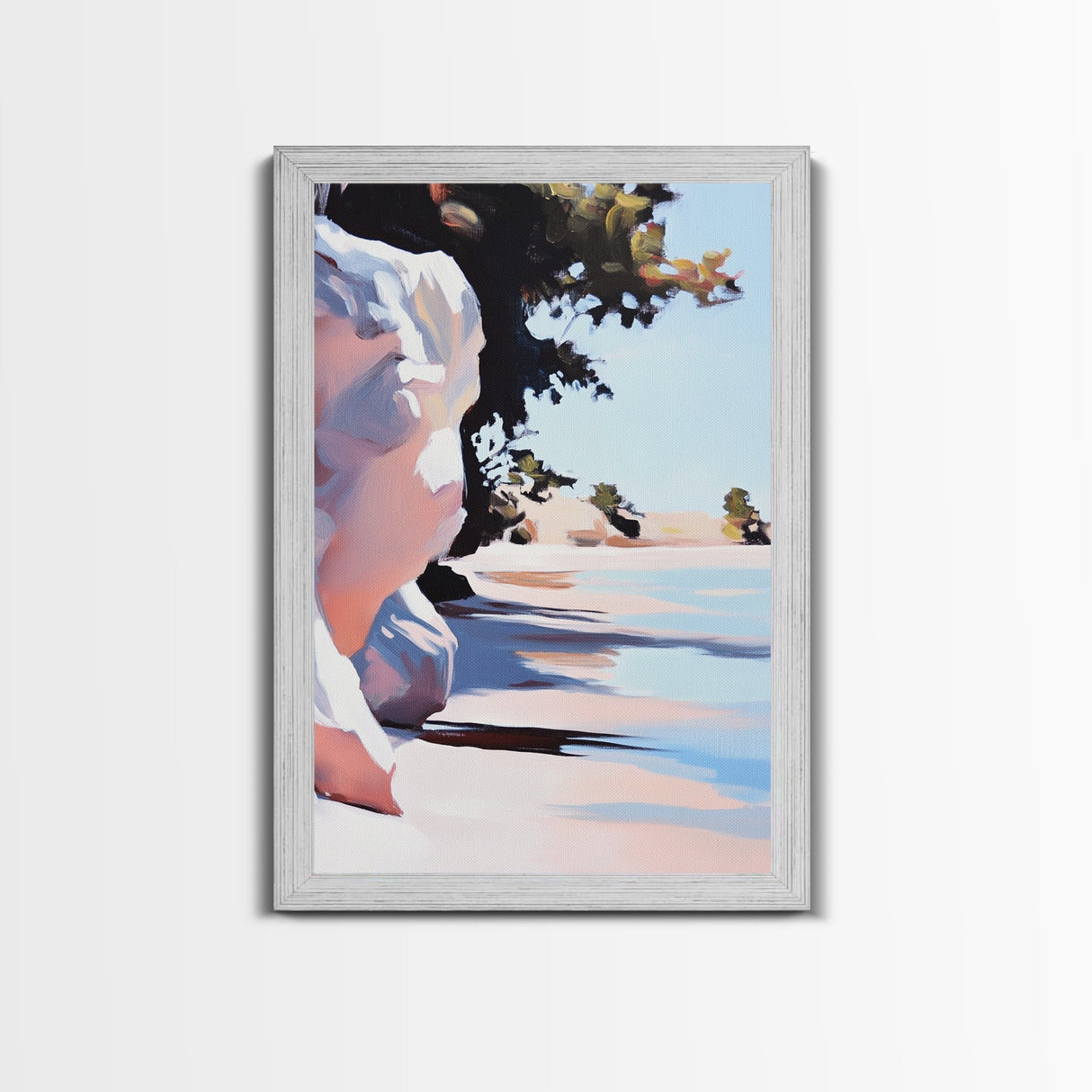 Shoreline, Sunset, Shadows, Warm, Framed Canvas Print, Seascape Wall Art, Boho Beach Decor, Ocean Sunset Artwork, Coastal Home Aesthetic