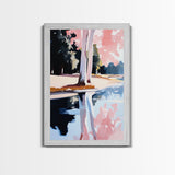Water, Trees, Pink, Reflection, Framed Canvas Print, Dreamy Nature Artwork, Modern Home Decor, Bedroom Wall Art, Relaxing Lake Scene
