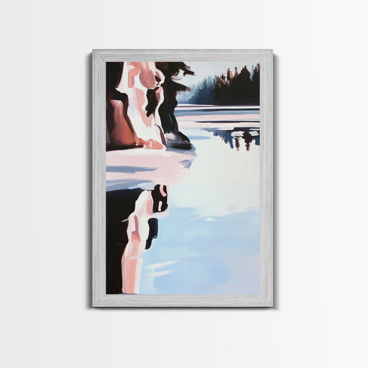 Winter Lake, Reflections, Moody Landscape, Nature Photography Style, Cool Tones, Wilderness Art, Cabin Decor, Framed Canvas Print