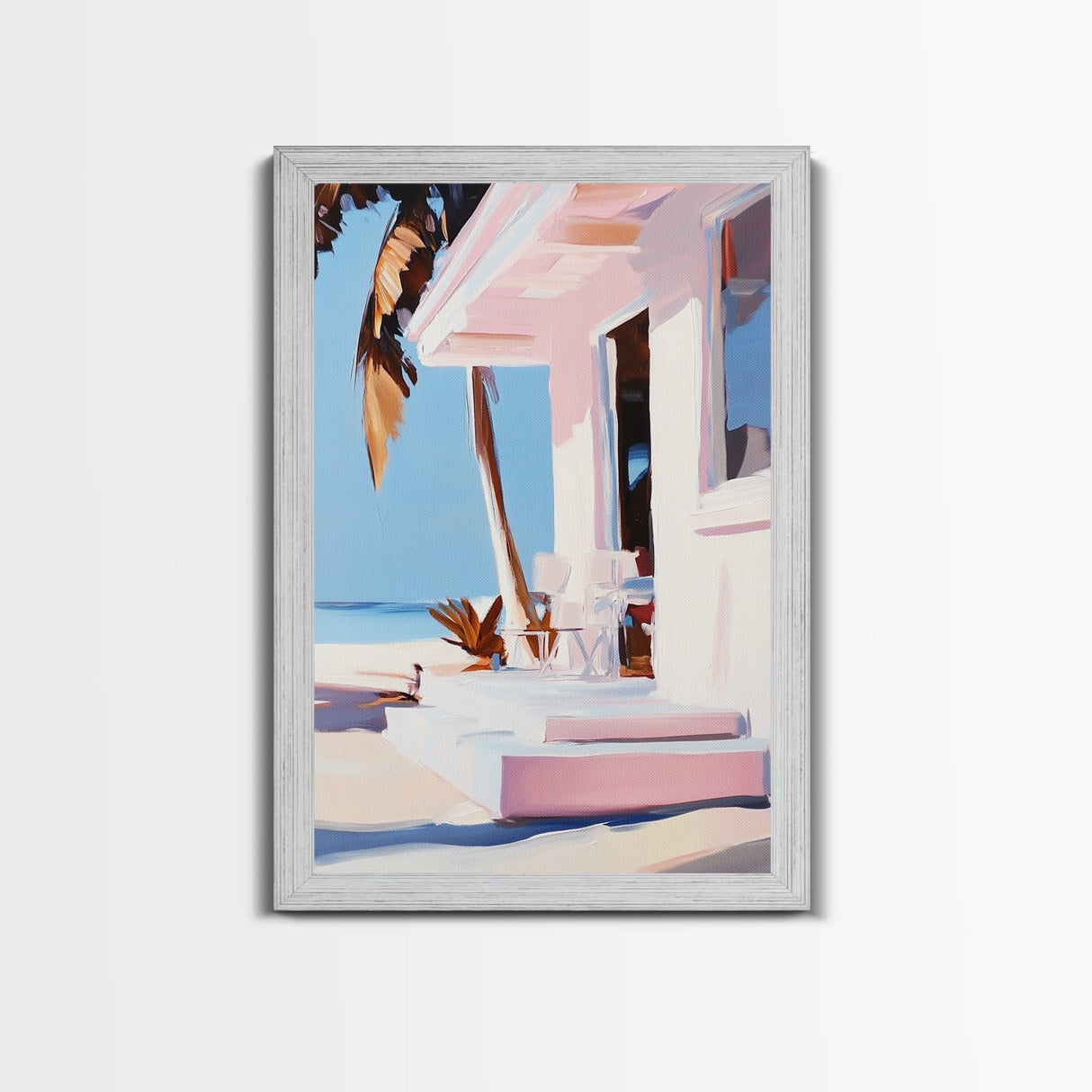 Tropical House, Palm Trees, Beach Art, Modern Coastal, Framed Canvas Print, Relaxing Home Decor, Minimalist Aesthetic, Summer Escape