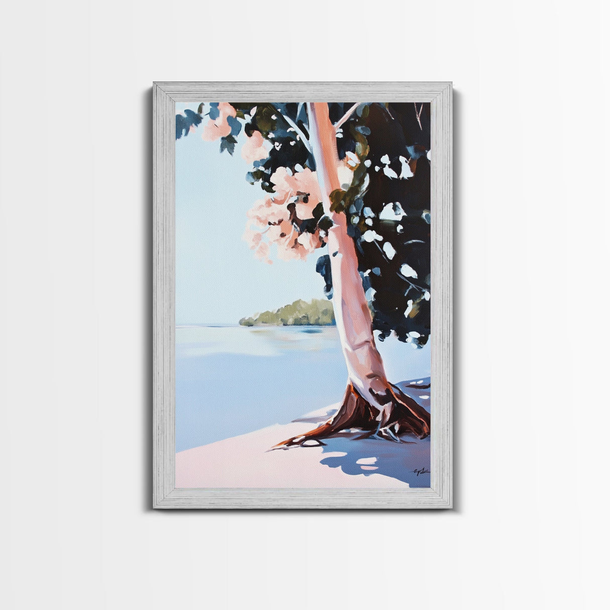 Tree by Water, Serene Nature Landscape, Tranquil Beach Scene, Framed Canvas Print, Zen Meditation Art, Minimalist Wall Decor