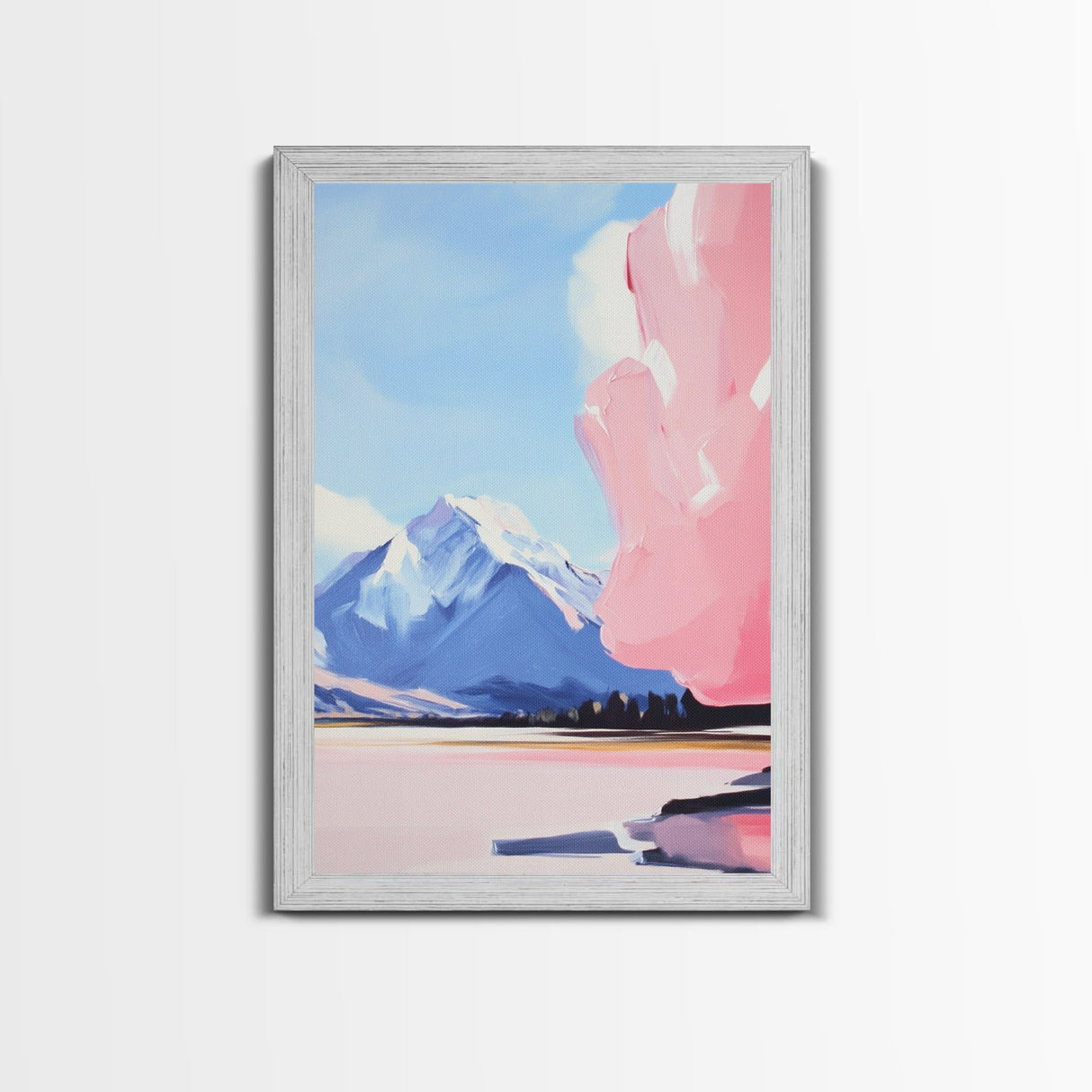 Snowy Mountain Art, Pastel Landscape, Modern Nature Print, Framed Canvas Print, Winter Decor, Minimalist Wall Art, Cozy Home Aesthetic