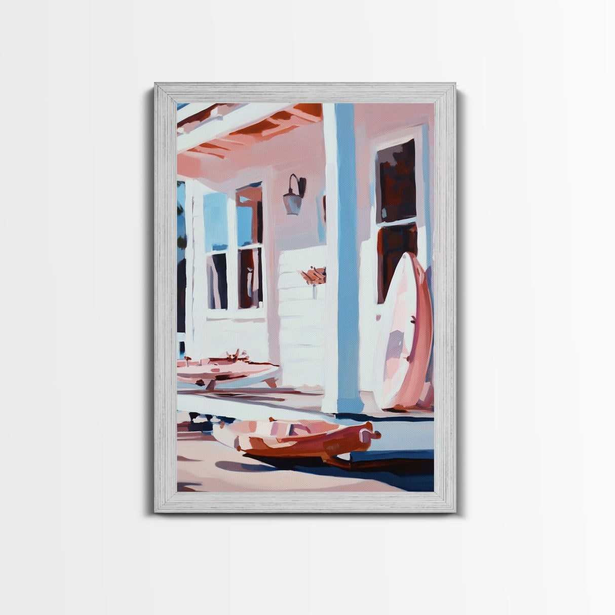 Coastal Cottage Porch, Beach House Art, Nautical Home Print, Framed Canvas Print, Serene Summer Aesthetic, Relaxing Living Room Wall Art