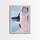 Woman by Water, Soft Pastel Art, Romantic Beach Scene, Minimalist Print, Framed Canvas Print, Tranquil Home Decor, Feminine Wall Art