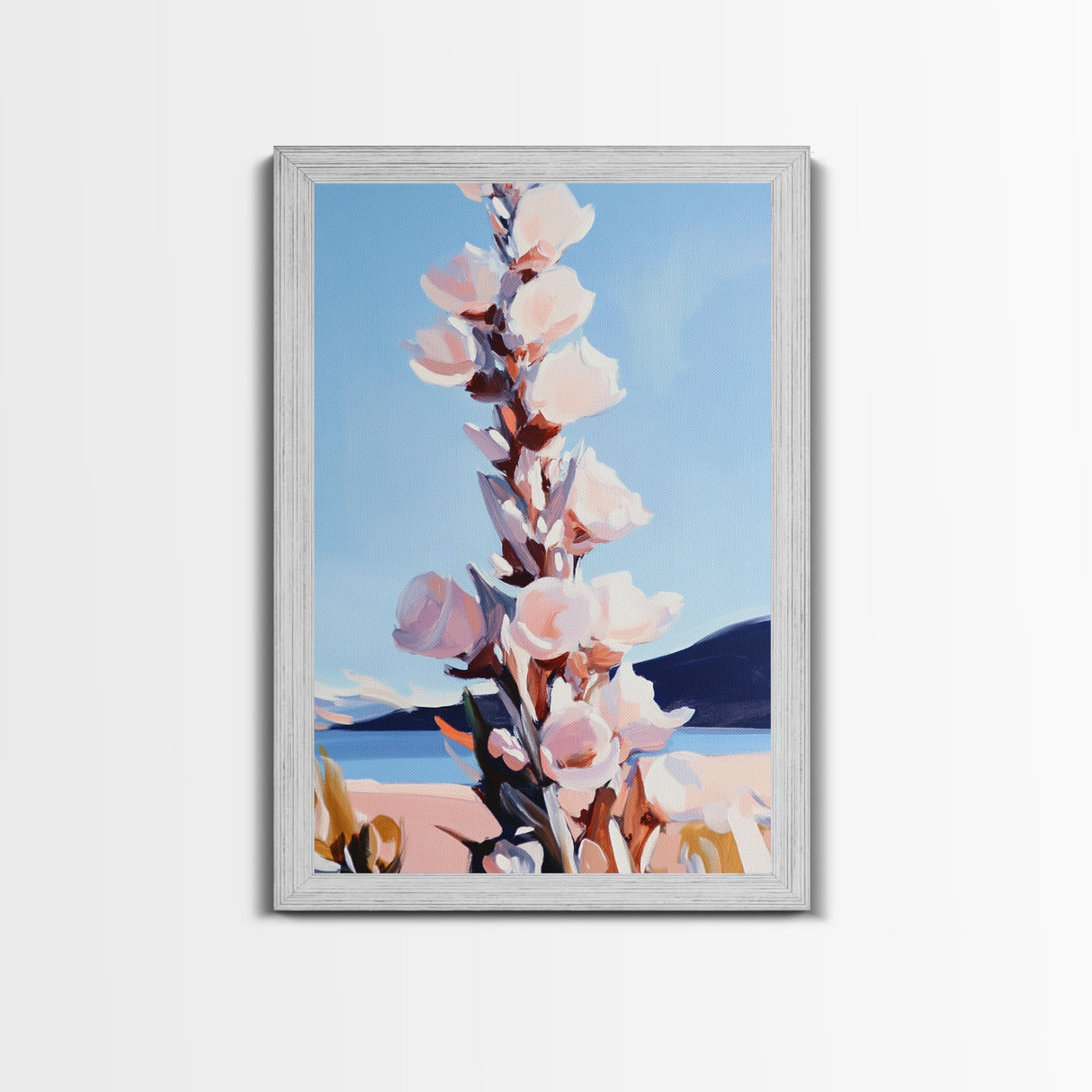 Wildflower Bloom, Pastel Floral Art, Nature Inspired, Tranquil Landscape, Soft Blue and Pink Hues, Framed Canvas Print, Entryway