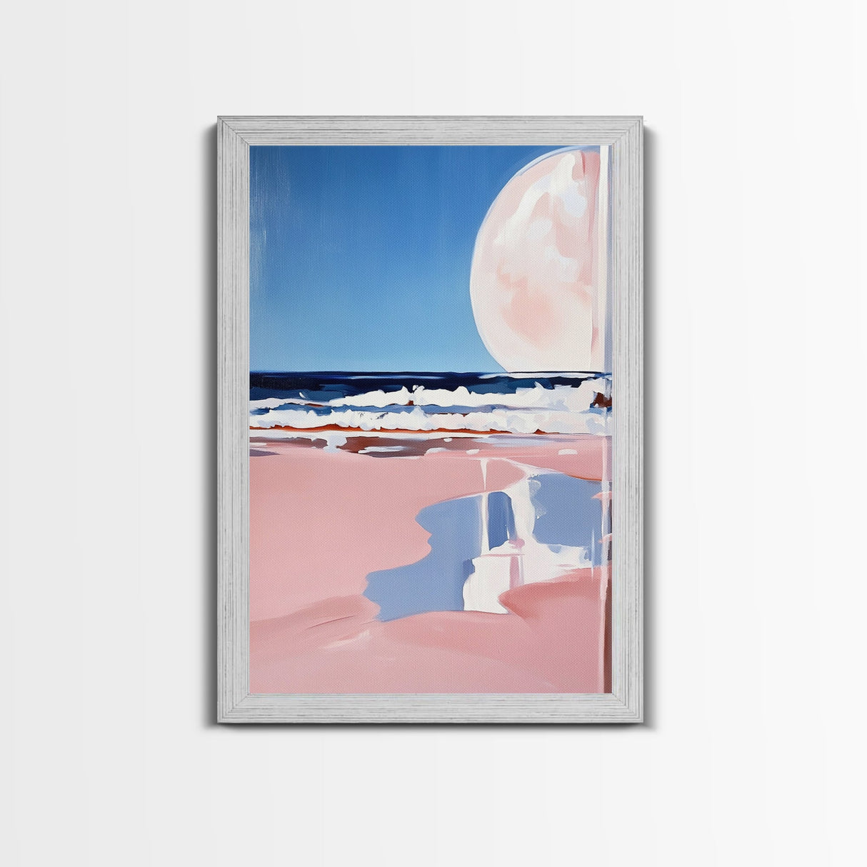 Moonlit Beach, Ocean Waves, Surreal Seascape, Canvas Print, Dreamy Coastal Art, Living Room Decor, Nautical Aesthetic, Minimalist Art