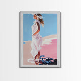 Woman in White, Summer Art, Elegant Coastal Decor, Framed Canvas Print, Beach Painting, Modern Boho Wall Art, Bedroom Wall Art