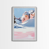 Snowy Mountains, Pink Winter Landscape, Minimalist Christmas Art, Modern Nature Painting, Cozy Lodge Wall Art, Canvas Print