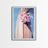 Surfboard Flowers, Tropical Boho Art, Framed Canvas Print, Coastal Wall Decor, Pastel Summer Painting, Beach Aesthetic, Minimalist Art