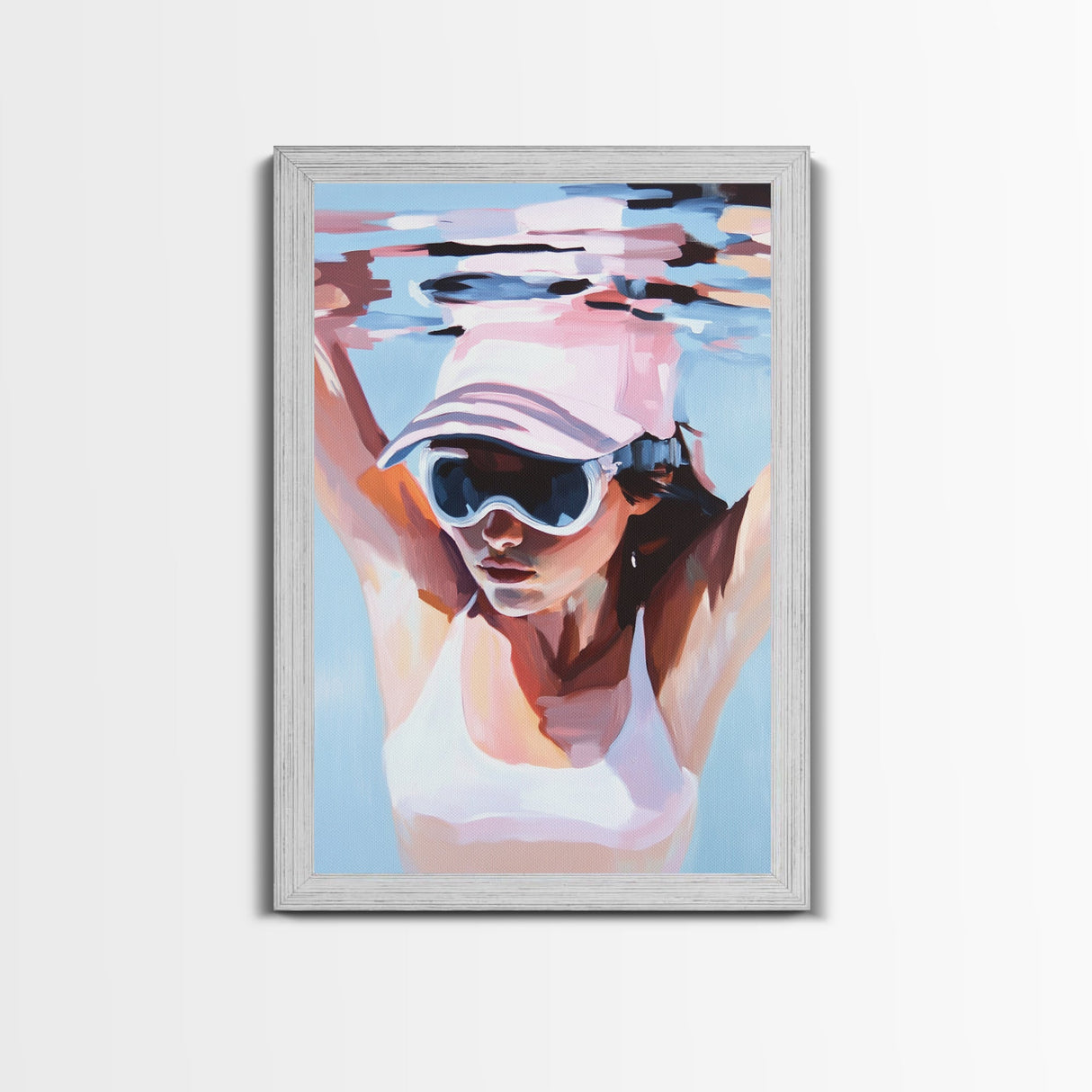 Woman swimming, Coastal Serenity Art, Framed Canvas Print, Modern Beach House Decor, Soft Pastel Seascape, Minimalist Landscape Painting