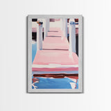 Pink Dock, Coastal Home Art, Framed Canvas Print, Nautical Wall Decor, Modern Seaside Painting, Pastel Summer Aesthetic, Beach House Art