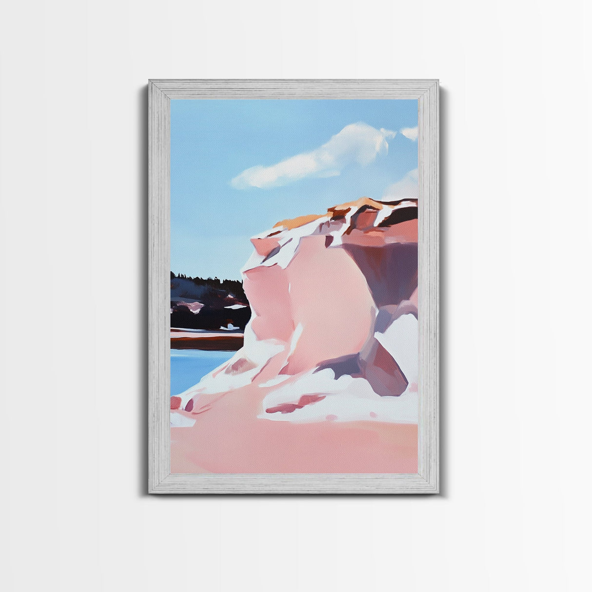 Pink Cliffs, Coastal Beauty, Ocean Landscape, Soft Pastel Art, Nature Inspired, Tranquil Scenery, Boho Wall Art, Framed Canvas Print