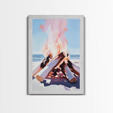 Beach Bonfire, Cozy Fire, Coastal Scene, Canvas Print, Warm Tones, Nautical Decor, Living Room Wall Art, Relaxing Nature Aesthetic