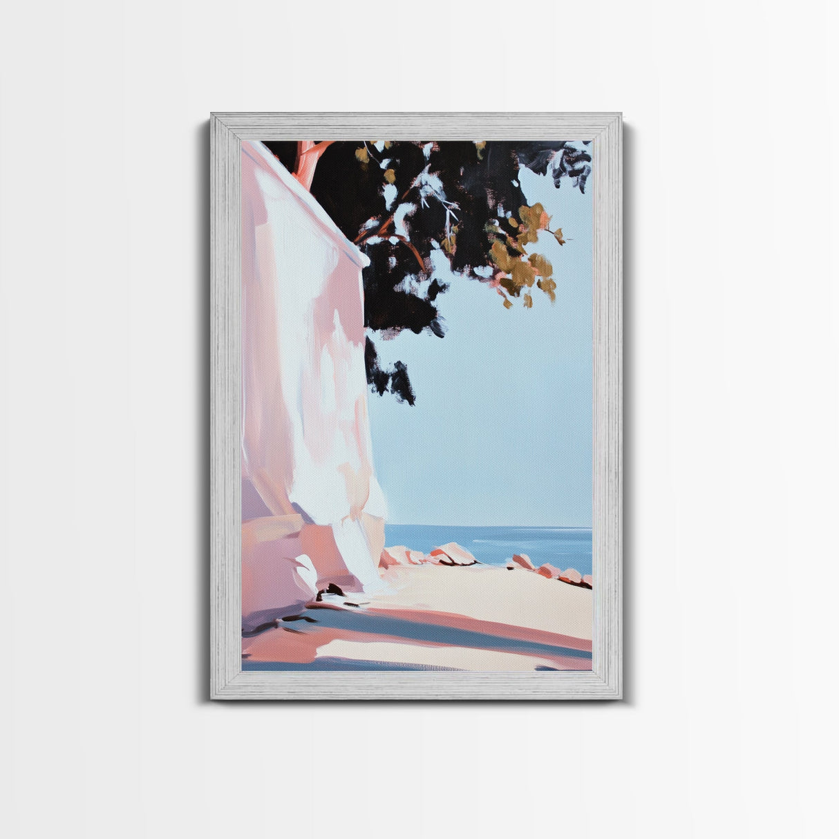 Seaside Shade, Coastal Rock Art, Oceanfront Painting, Framed Canvas Print, Minimalist Beach Decor, Tranquil Landscape Wall Art