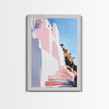 Mediterranean Steps, Coastal Wall Art, Santorini Print, Blue and Pink Decor, Travel Painting, Framed Canvas Print, Living Room Art