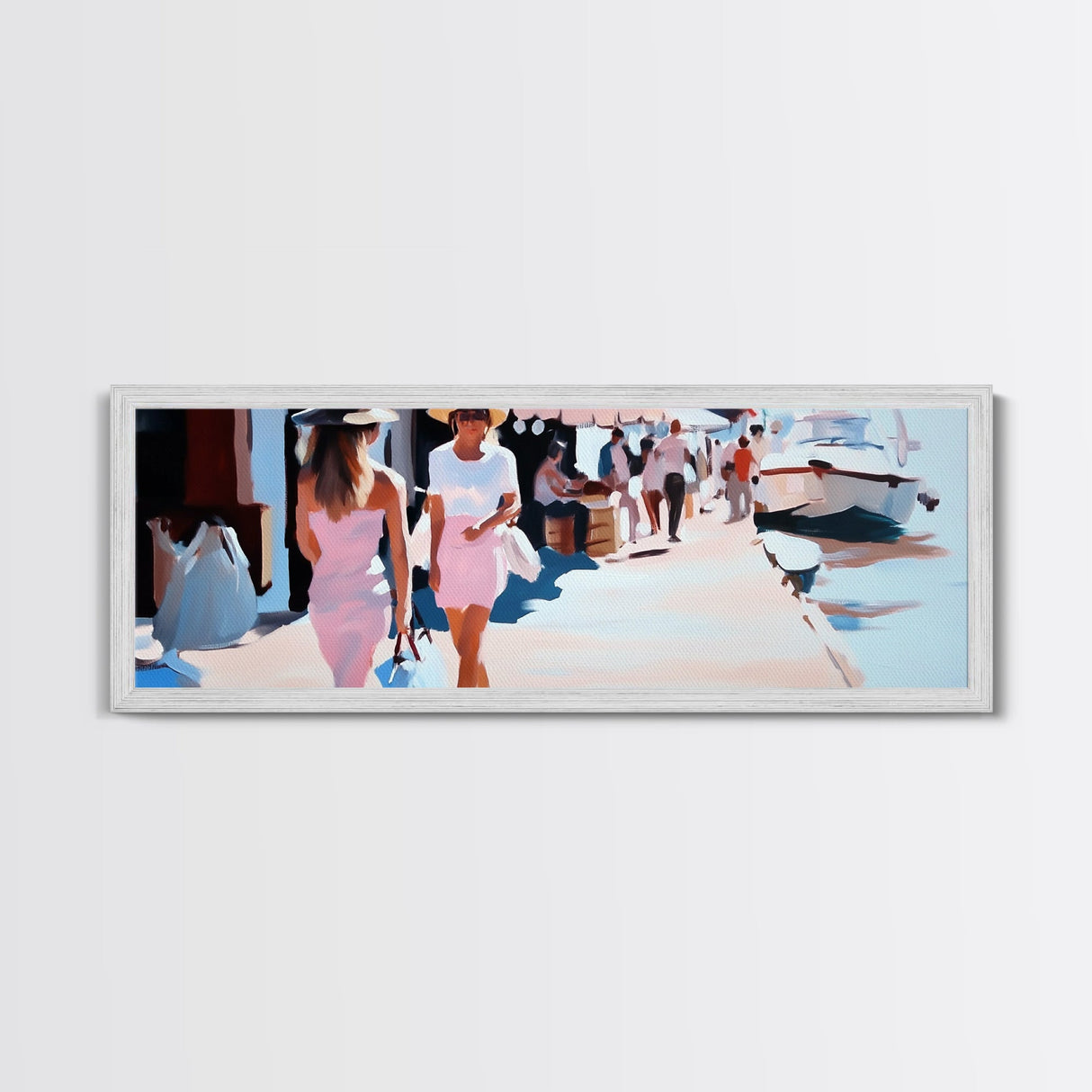 Summer Market, Stylish Women, Canvas Print, European Street Scene, Coastal Town, Fashion Artwork, Chic Home Decor, Travel Aesthetic