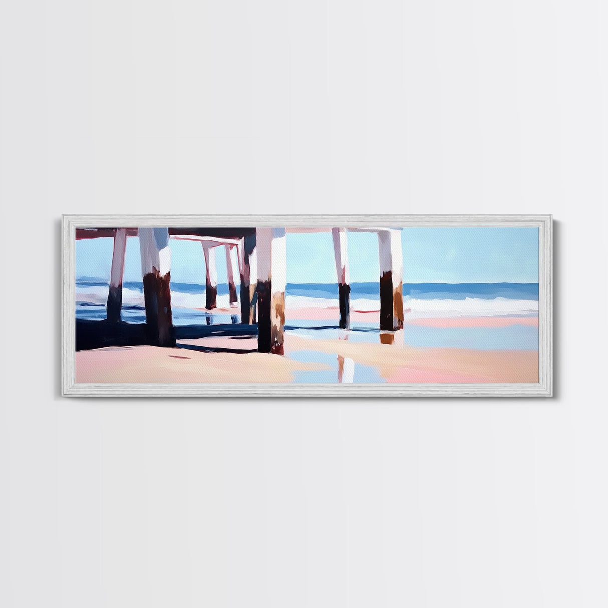 Beach Pier, Ocean Waves, Coastal View, Framed Canvas Print, Nautical Wall Art, Seaside Decor, Minimalist Beach House Art, Blue