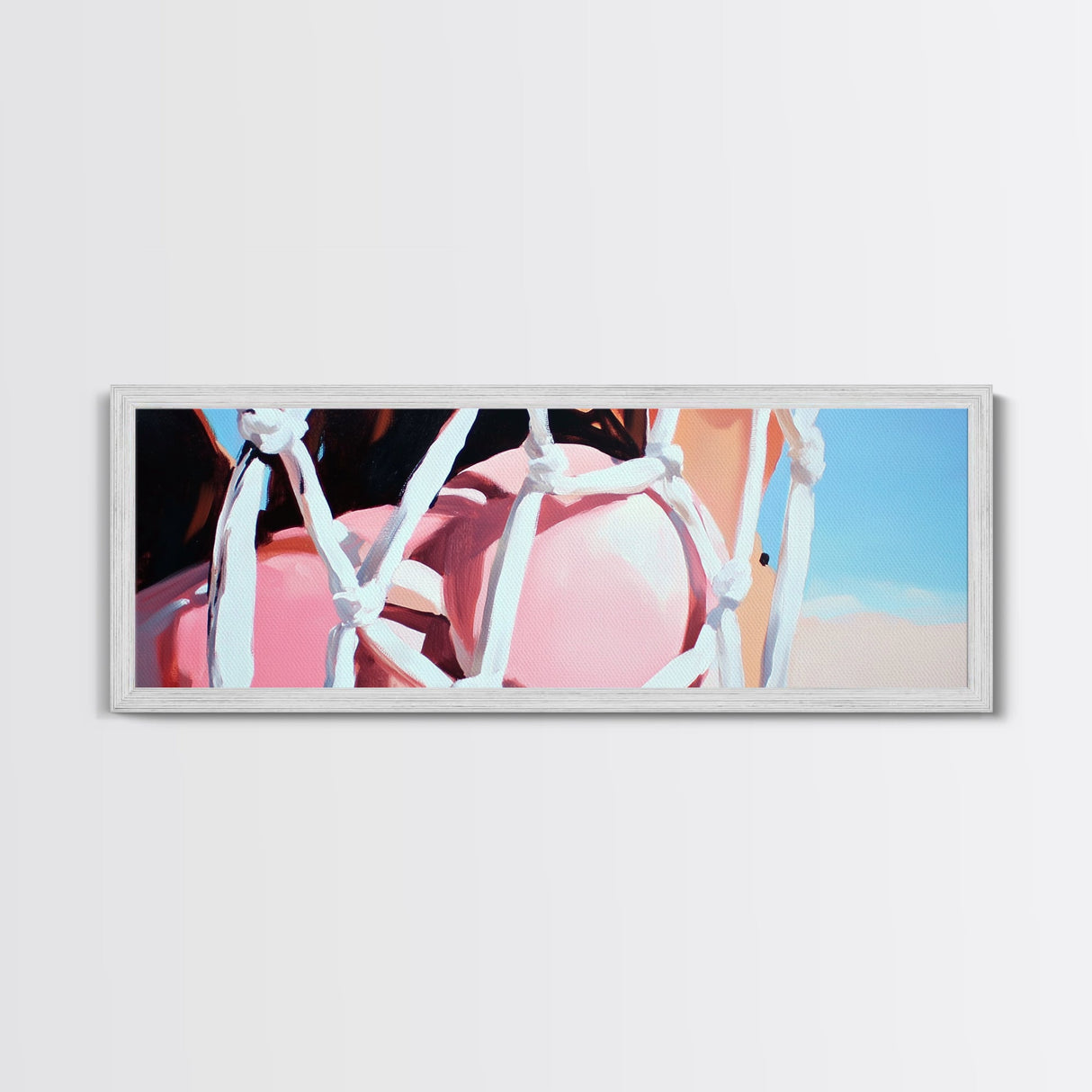 Rope Swing, Woman in Pink, Sunlit Sky, Framed Canvas Print, Summer Wall Art, Minimalist Decor, Feminine Aesthetic, Boho Art
