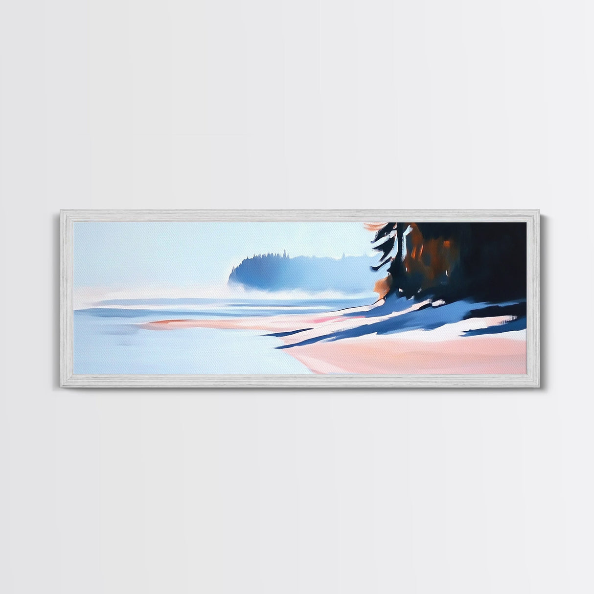 Misty Shoreline, Coastal Landscape Art, Minimalist Seascape, Ocean View, Framed Canvas Print, Modern Home Decor, Living Room Art