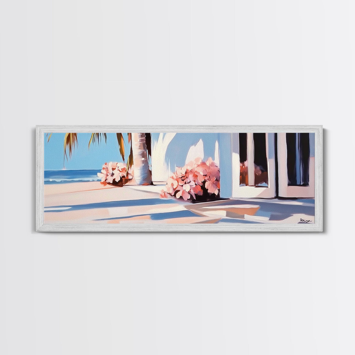 Beachfront Patio, Coastal Home, Ocean View Art, Framed Canvas Print, Seaside Decor, Summer House Aesthetic, Serene Wall Artwork