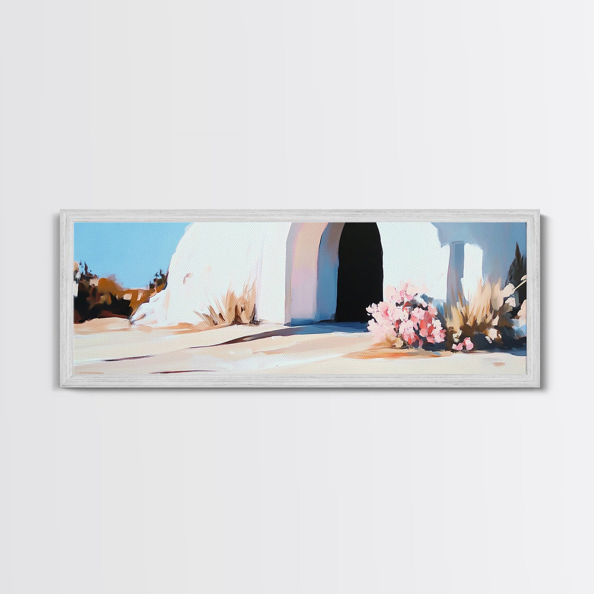 White House, Black Doorway, Blooming Flowers, Framed Canvas Print, Mediterranean Wall Art, Minimalist Architecture, Neutral Decor
