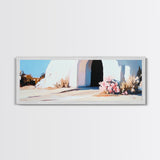 White House, Black Doorway, Blooming Flowers, Framed Canvas Print, Mediterranean Wall Art, Minimalist Architecture, Neutral Decor