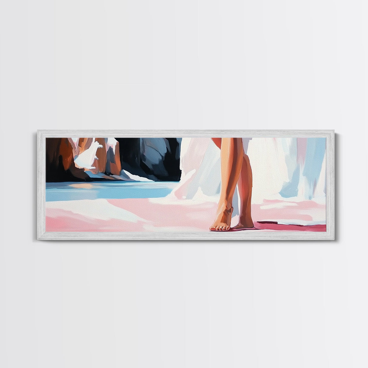 Barefoot Woman, Flowing Pink Dress, Water Reflection, Canvas Print, Feminine Wall Art, Elegant Bedroom Decor, Soft Pastel Aesthetic