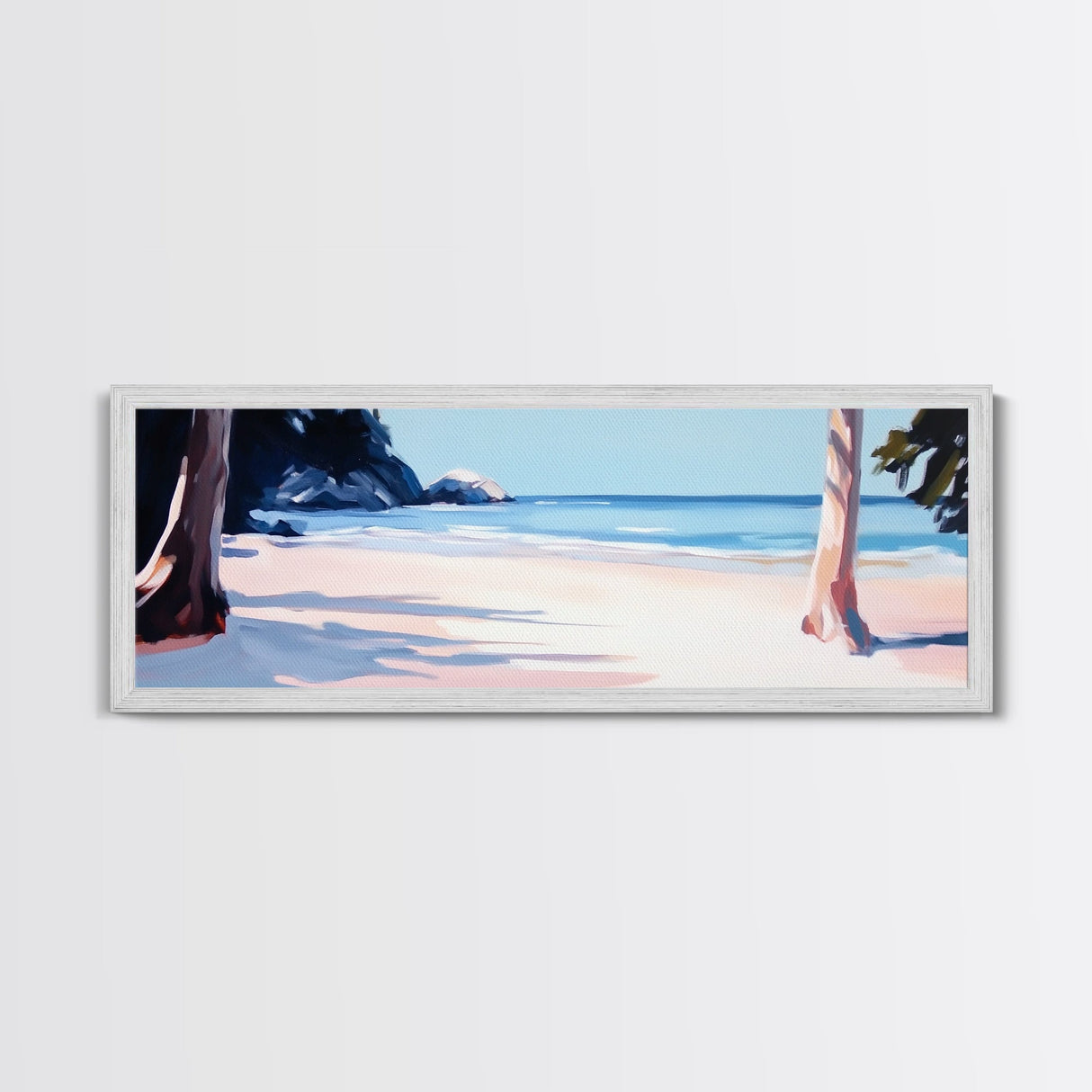 Beach Scene, Palm Trees, Blue Ocean, Canvas Print, Coastal Wall Art, Minimalist Landscape, Living Room Decor, Relaxing Home Aesthetic