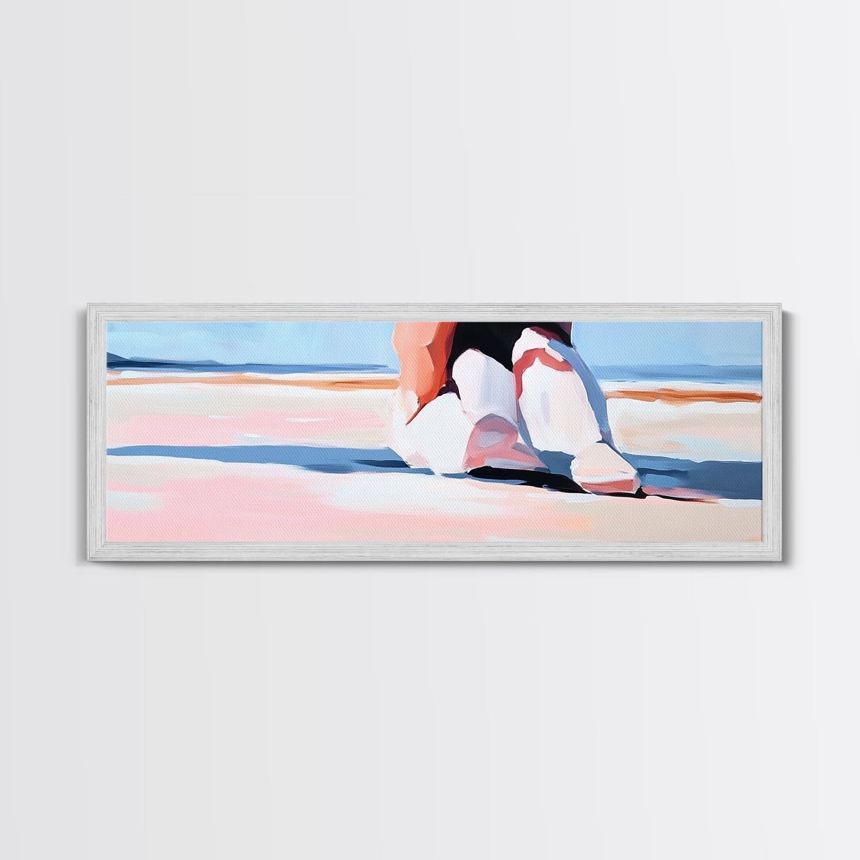 Woman, Pink Dress, Ocean Waves, Framed Canvas Print, Feminine Wall Art, Romantic Beach Scene, Soft Pastel Aesthetic, Dreamy Home Decor